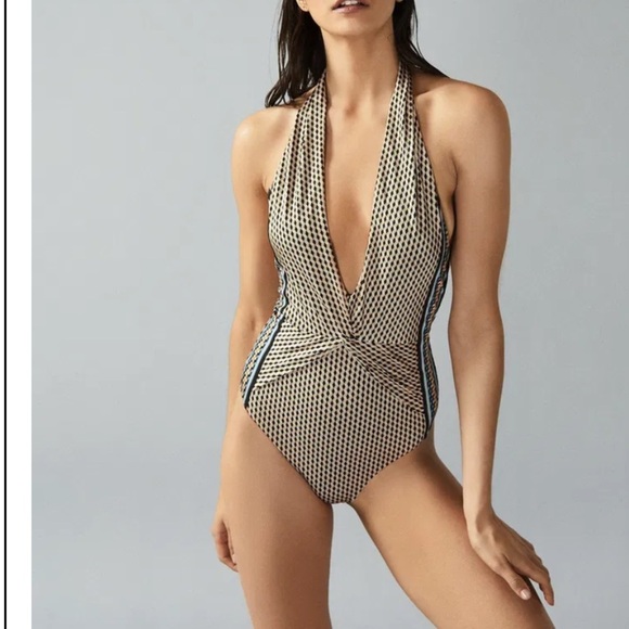 Reiss Blue and Tan One Piece with Textured Bow Detail - Picture 11 of 11